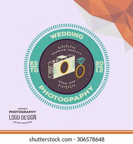 Photography Hipster Badge and Label in Vintage Style. Creative wedding photographer logo with camera and wedding rings.