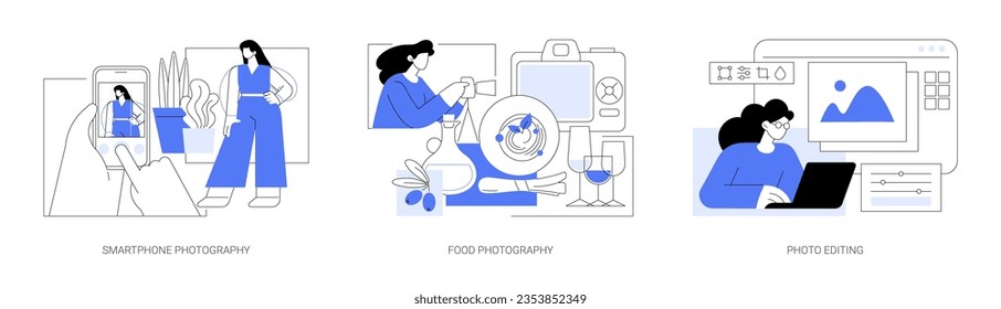 Photography as a hobby isolated cartoon vector illustrations set. Holding smartphone, taking picture, make professional food photos, use editing software, image processing vector cartoon.