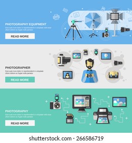Photography horizontal banner set with photographer equipment flat elements isolated vector illustration