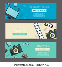 Photography horizontal banner set with photographer equipment flat elements isolated illustration Photo studio logo and business card template.