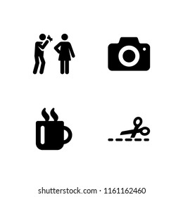 photography icon. 4 photography set with mug, photographer, cutting with a scissor on broken line and photo camera vector icons for web and mobile app