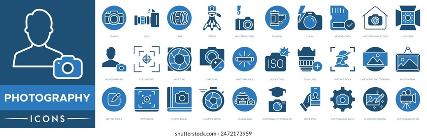 Photography icon. Camera, DSLR, Lens, Tripod, Shutter Button, Film Roll, Flash, Memory Card, Photography Studio, Lightbox and Photographer