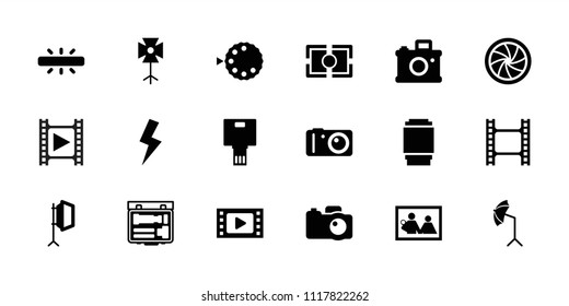 Photography icon. collection of 18 photography filled icons such as movie tape, family photo, camera, camera shutter. editable photography icons for web and mobile.