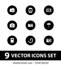 Photography icon. collection of 9 photography filled icons such as movie tape, camera, camera display, studio umbrella. editable photography icons for web and mobile.