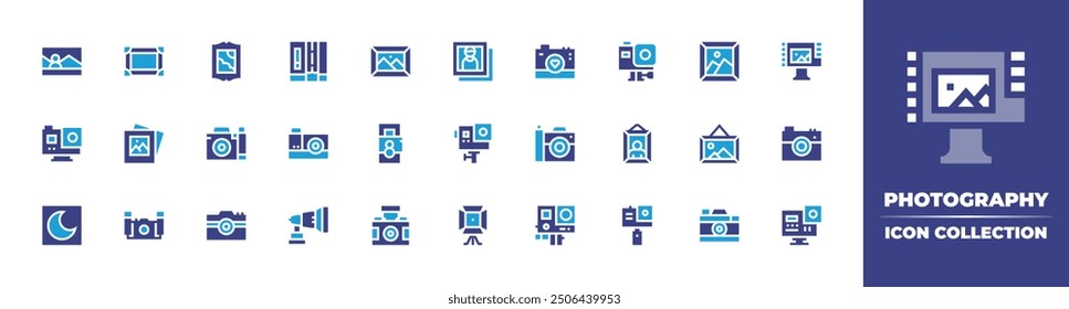 Photography icon collection. Duotone color. Vector illustration. Containing photography, camera, landscape, photocamera, actioncamera, picture, spotlight, reflector.