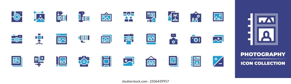 Photography icon collection. Duotone color. Vector illustration. Containing picture, camera, photocamera, film, photo, photos, exposure, photoalbum, album, images.