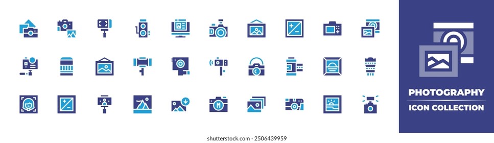 Photography icon collection. Duotone color. Vector illustration. Containing photography, photo, photocamera, picture, selfiestick, lens, actioncamera, selfie, camera.