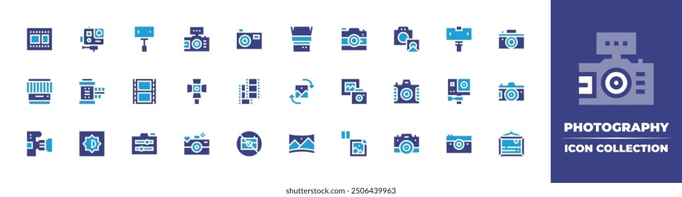 Photography icon collection. Duotone color. Vector illustration. Containing photography, blackandwhite, photocamera, film, camera, picture, panorama, switch, actioncamera, nophotos.