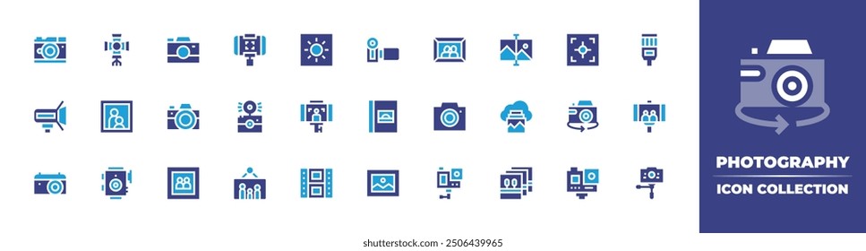 Photography icon collection. Duotone color. Vector illustration. Containing photocamera, light, picture, reel, actioncamera, image, camera, selfie, album, portrait, vintage.