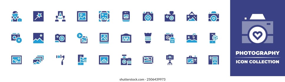 Photography icon collection. Duotone color. Vector illustration. Containing lens, picture, delete, camerashutter, camera, attached, cameratripod, photobooth, photocamera.