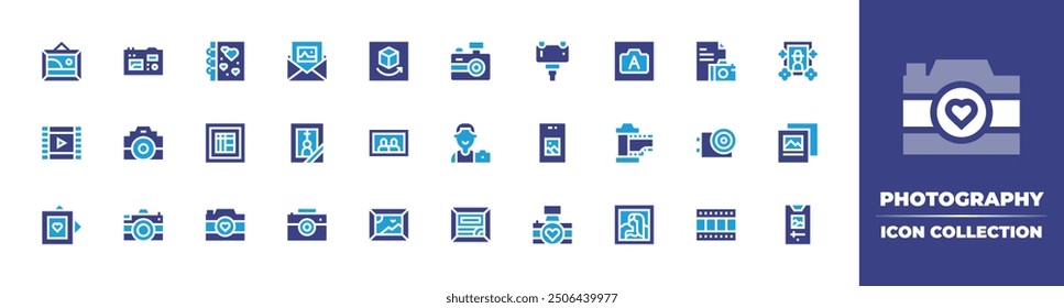 Photography icon collection. Duotone color. Vector illustration. Containing film, slideshow, photocamera, portrait, automatic, gallery, selfiestick, actioncamera.