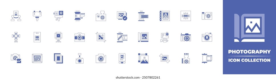 Photography icon collection. Duotone style line stroke and bold. Vector illustration. Containing photography, picture, photos, photocamera, film, camera, spotlight, gallery, lightning, socialmedia.