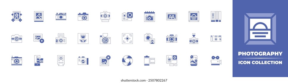 Photography icon collection. Duotone style line stroke and bold. Vector illustration. Containing photography, camera, flash, photocamera, portrait, images, filesandfolders, image, macro.