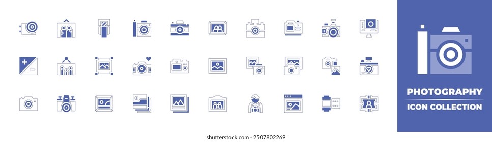 Photography icon collection. Duotone style line stroke and bold. Vector illustration. Containing photography, image, picture, flash, camera, photo, actioncamera, photocamera, exposure.