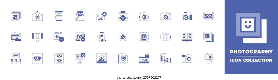 Photography icon collection. Duotone style line stroke and bold. Vector illustration. Containing photo, download, photocamera, delete, lens, stabilizer, autofocus, email, camera, pictures.