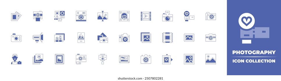 Photography icon collection. Duotone style line stroke and bold. Vector illustration. Containing light, smartphone, camera, picture, photo, photocamera, actioncamera, photographer.