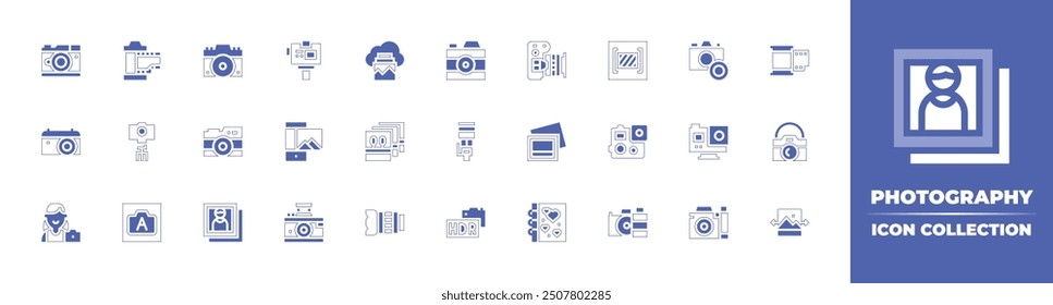 Photography icon collection. Duotone style line stroke and bold. Vector illustration. Containing film, gallery, camera, actioncamera, photos, cameratripod, automatic, photographer, photocamera.