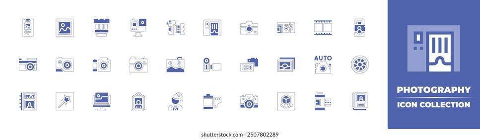 Photography icon collection. Duotone style line stroke and bold. Vector illustration. Containing camera, photo, photographer, cameralens, picture, gopro, beauty, image, photoediting, album.