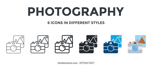 Photography Icon In Different Style Vector Illustration. Designed In Thin Line, Regular Line, Bold Line, Glyph, Color Fill, And Flat Style Can Be Used For Web