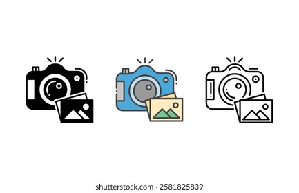 photography Icon - featuring a DSLR camera and photo print. Vector icon with Outline, Glyph and Filled Outline Style