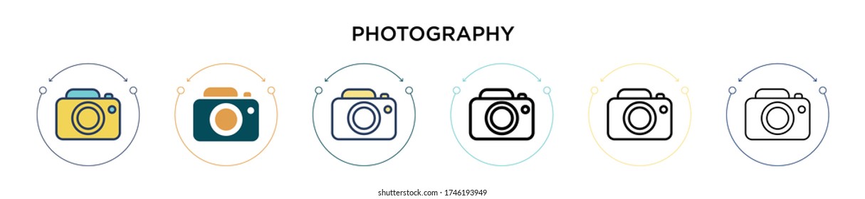 Photography icon in filled, thin line, outline and stroke style. Vector illustration of two colored and black photography vector icons designs can be used for mobile, ui, web