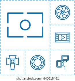 Photography icon. set of 6 photography outline icons such as soft box, camera shutter, camera flash, camera focus