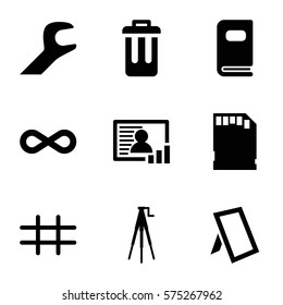 Photography icon. Set of 9 Photography filled icons such as camera tripod, photo album, memory card, eternity, bin, photo, wrench
