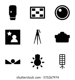 Photography icon. Set of 9 Photography filled icons such as camera tripod, camera lense, soft box, camera bulb, arrow up, photo