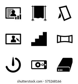 Photography icon. Set of 9 Photography filled icons such as panorama mode, studio curtain, battery, stopwatch camera, photo, stair, camera display
