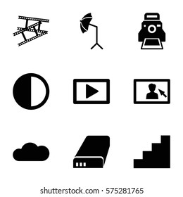 Photography icon. Set of 9 Photography filled icons such as camera tape, camera printing photo, studio umbrella, battery, cloud, stair, play, brightness