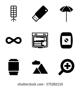 Photography icon. Set of 9 Photography filled icons such as camera display, studio umbrella, soft box, camera lense, camera, usb drive, eternity, zoom in