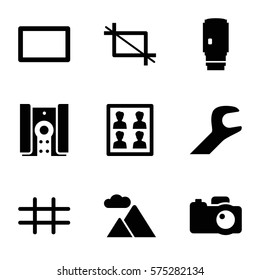 Photography Icon. Set Of 9 Photography Filled Icons Such As Camera, Camera Lens, Photo For Passport, Burst, Crop, Wrench, Mountain