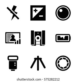 Photography Icon. Set Of 9 Photography Filled Icons Such As Camera Flash, Camera Shutter, Camera Tripod, Camera Lense, Broken Battery, Light Exposure, No Flash, Photo