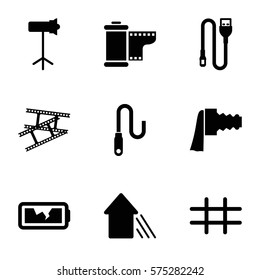 Photography icon. Set of 9 Photography filled icons such as camera zoom, camera tape, studio lapm, wire, broken battery, arrow up