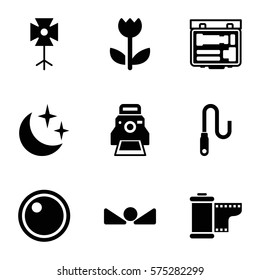 Photography icon. Set of 9 Photography filled icons such as camera tape, camera printing photo, soft box, camera lense, wire, camera, arrow up, flower