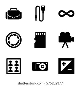Photography icon. Set of 9 Photography filled icons such as camera, camera shutter, wire, camera case, memory card, photo for passport, eternity