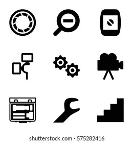 Photography icon. Set of 9 Photography filled icons such as camera shutter, camera display, camera flash, camera, zoom out, stair, gear
