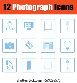 Photography icon set. Blue frame design. Vector illustration.