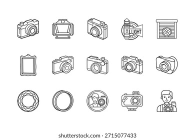 Photography Icon Set Camera, Lens, Studio Light  Photographer Line Art Designs