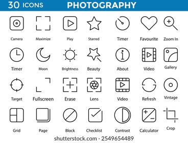 Conjunto de ícones de fotografia. Fotografia, câmera e conjunto de ícones de linha de foto. Contendo câmera fotográfica, fotógrafo, câmera de vídeo e ilustração vetorial de símbolo de fotografia