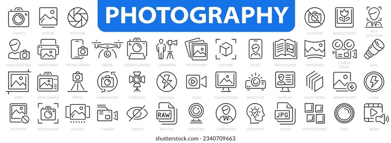 Juego de iconos de fotografía. Cámara, fotógrafo, video, foto y más. Estudio de fotografía. Ilustración vectorial.