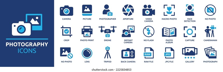 Photography icon set. Containing photo camera, photographer, video camera and photograph symbol vector illustration. Solid icon collection.
