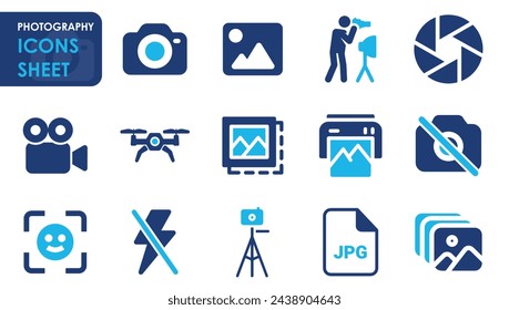 Photography icon set. Containing photo camera, photographer, video camera and so on. Flat vector icons set of photography.