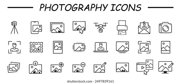 Photography icon set. Containing photo camera, photographer, video camera and photograph symbol vector illustration.