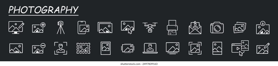 Photography icon set. Containing photo camera, photographer, video camera and photograph symbol vector illustration.