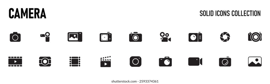 Photography icon set. Containing photo camera, photographer, video camera and photograph symbol vector illustration. Solid icon collection.