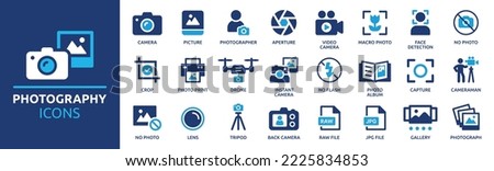 Photography icon set. Containing photo camera, photographer, video camera and photograph symbol vector illustration. Solid icon collection.