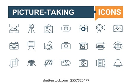 Photography icon set. It contains symbols to photographer, phone, selfie, no, photo, tripod and more. Modern thin icons. Editable vector icon and illustration.