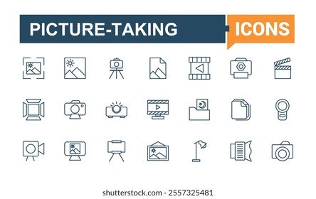 Photography icon set. It contains symbols to photographer, phone, selfie, no, photo, tripod and more. Modern thin icons. Editable vector icon and illustration.