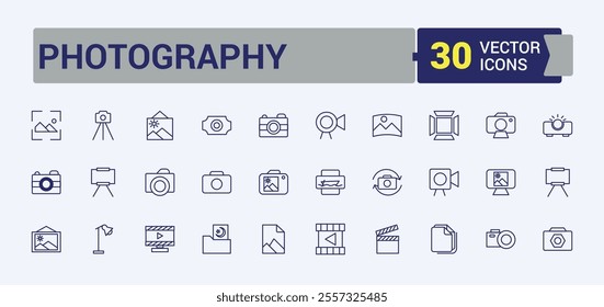 Photography icon set. It contains symbols to photographer, phone, selfie, no, photo, tripod and more. Modern thin icons. Editable vector icon and illustration.